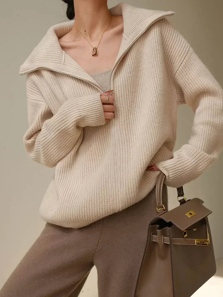 Women's Winter Sweaters Solid Grey Ladies Turtleneck Casual Loose Thick Zippers Pullovers Beautiful Oversized Sweater Women