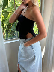 Women's Y2K Clean Fit Retro Tube Tops Solid Color Slit Strapless Tank Tops Summer Backless Bandeau Tee Streetwear