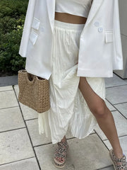 2025 New Beige Long Skirt For Women Casual Solid Color Elastic Waist Pleated Spring Summer Skirt Fashion Simple Woman Clothing