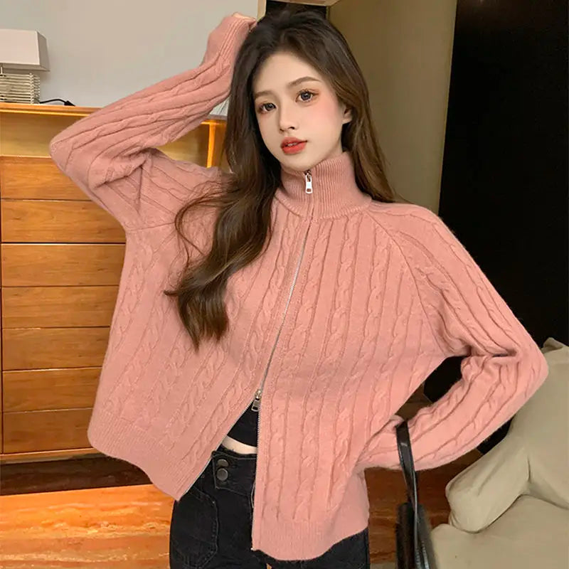 Winter Korean High Collar Twist Double Zipper Lapel Sweater Women's Personalized Retro Y2K Soft Waxy Stand Collar Sweater Jacket