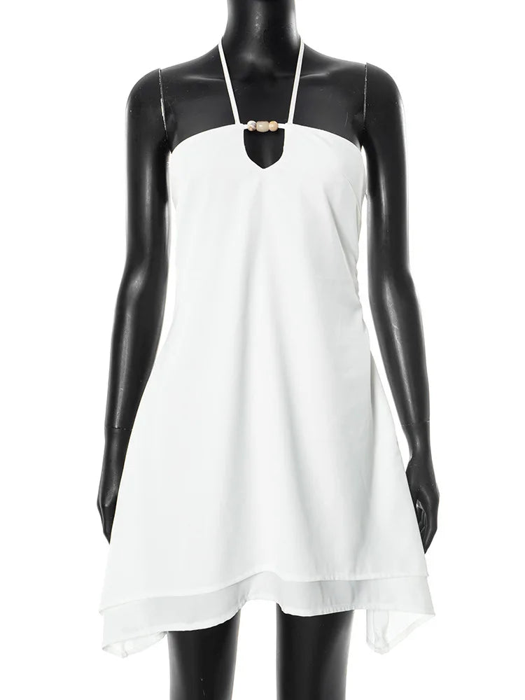 Halter Off-shoulder Backless Sexy Mini Dress Women White Hollow Out Strapless Lace-up A-line Club Dress Summer