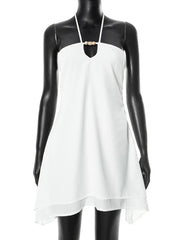 Halter Off-shoulder Backless Sexy Mini Dress Women White Hollow Out Strapless Lace-up A-line Club Dress Summer