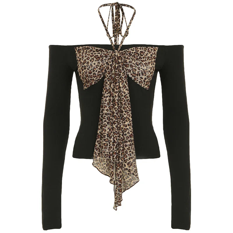 Y2k Retro Women Halter Tops Off Shoulder Leopard Bow Lace-up Fashion Chic Slash Collar Long Sleeve T-Shirts