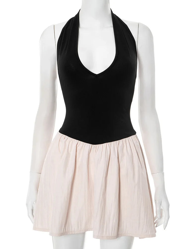Halter V Neck Sexy Mini Dress Women Patchwork Contrast Colors Sleeveless Backless High Waist A-line Club Dress