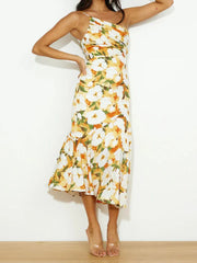Floral Print Summer Dress for Women Elegant One Shoulder Pleated Spaghetti Sexy Backless Bodycon Strape Midi Evening Dress