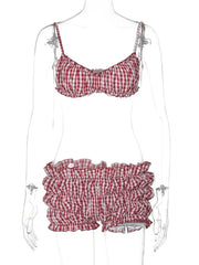 Joskaa Plaid Print Red 2 Piece Bikini Sets Women Swimwear Fashion Ruffles Camisole and Shorts Matching Bathing Suits Beachwear