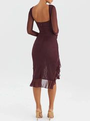Elegant Ruffle Ruched Midi Dress For Women Robe Sheer Long Sleeve Backless Irregular Club Party Sexy Dress Vestido