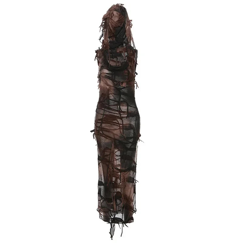 Vintage Gothic Hooded Midi Dresses Fairy Grunge Y2k Sexy High Split Dress Female Sleeveless Tie Dye Streetwear