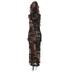 Vintage Gothic Hooded Midi Dresses Fairy Grunge Y2k Sexy High Split Dress Female Sleeveless Tie Dye Streetwear