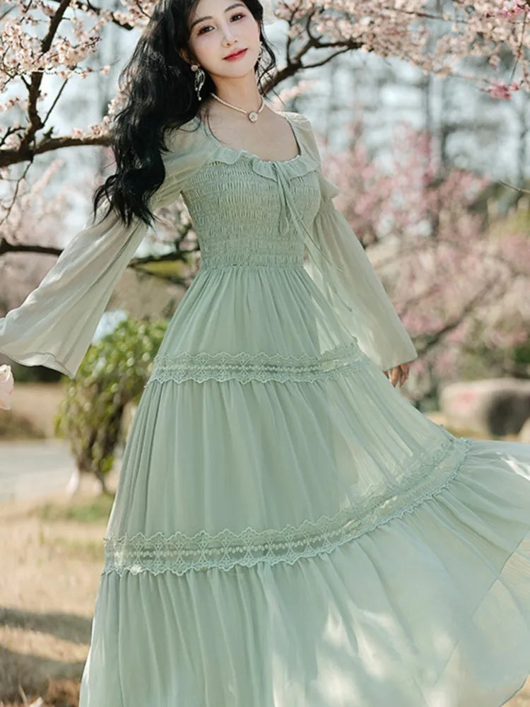 Women New Fairy Midi Dress Elegant Square Collar Lace Ruffle Sweet Dress Autumn Long Sleeve Prom Party Evening Vestidos New
