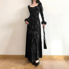 Elegant Black Velour Faux Fur Jacquard Dress