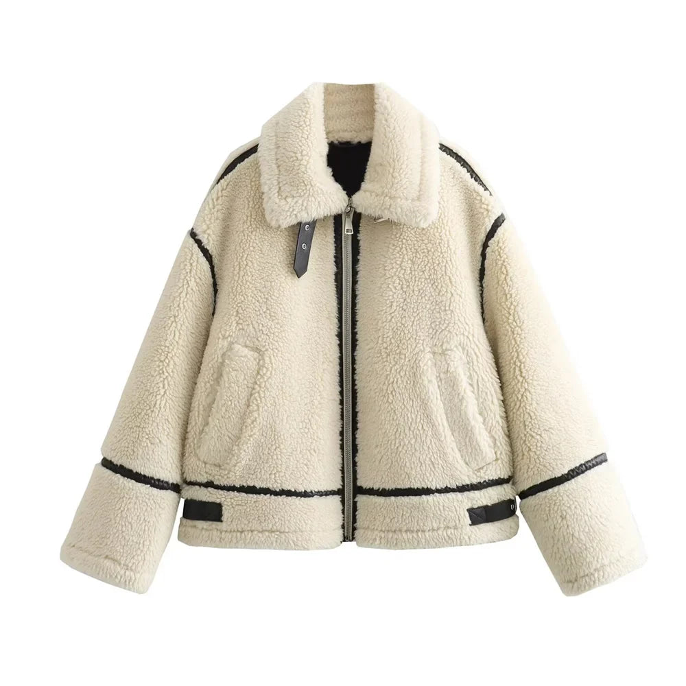 Autumn New Women's European and American Style Artificial Fur Effect Motorcycle Jacket Coat with Fur Integration
