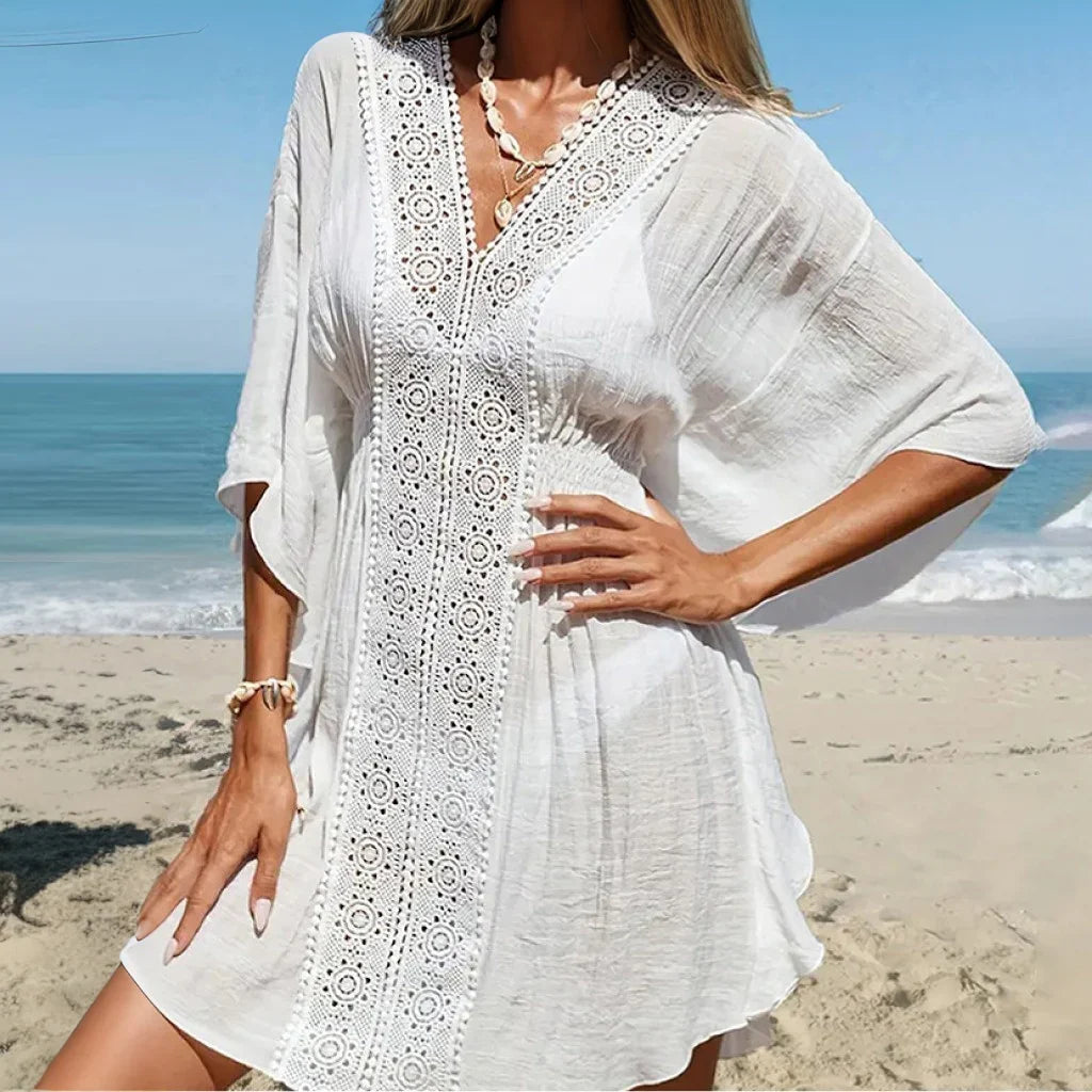 Boho Beach Wear Cover-up Casual Deep V Neck Lace Dresses for Women Robe Bat Sleeves White Cotton Rayon Swim Cover Up Vestidos