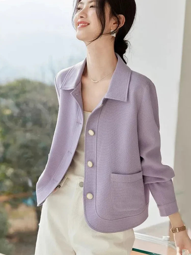 Elegant Slim Purple Jacket Women Sweet Long Sleeve Small Fragrance Coat Casual Fall Winter Lady French Pockets Fashion Tops