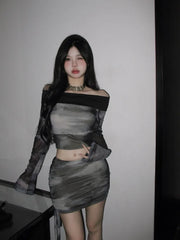 American Sexy Off The Shoulder Slim Fit Two Piece Sets Constrast Color Y2k Aesthetic Long Sleeve Tops Side Drawstring Skirts