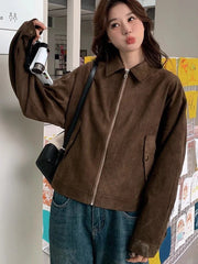 American Y2K Jacket Women Vintage Loose Faux Suede Long Sleeve Casual Coat Hip Hop Fall Winter Lady Streetwear New Outwear