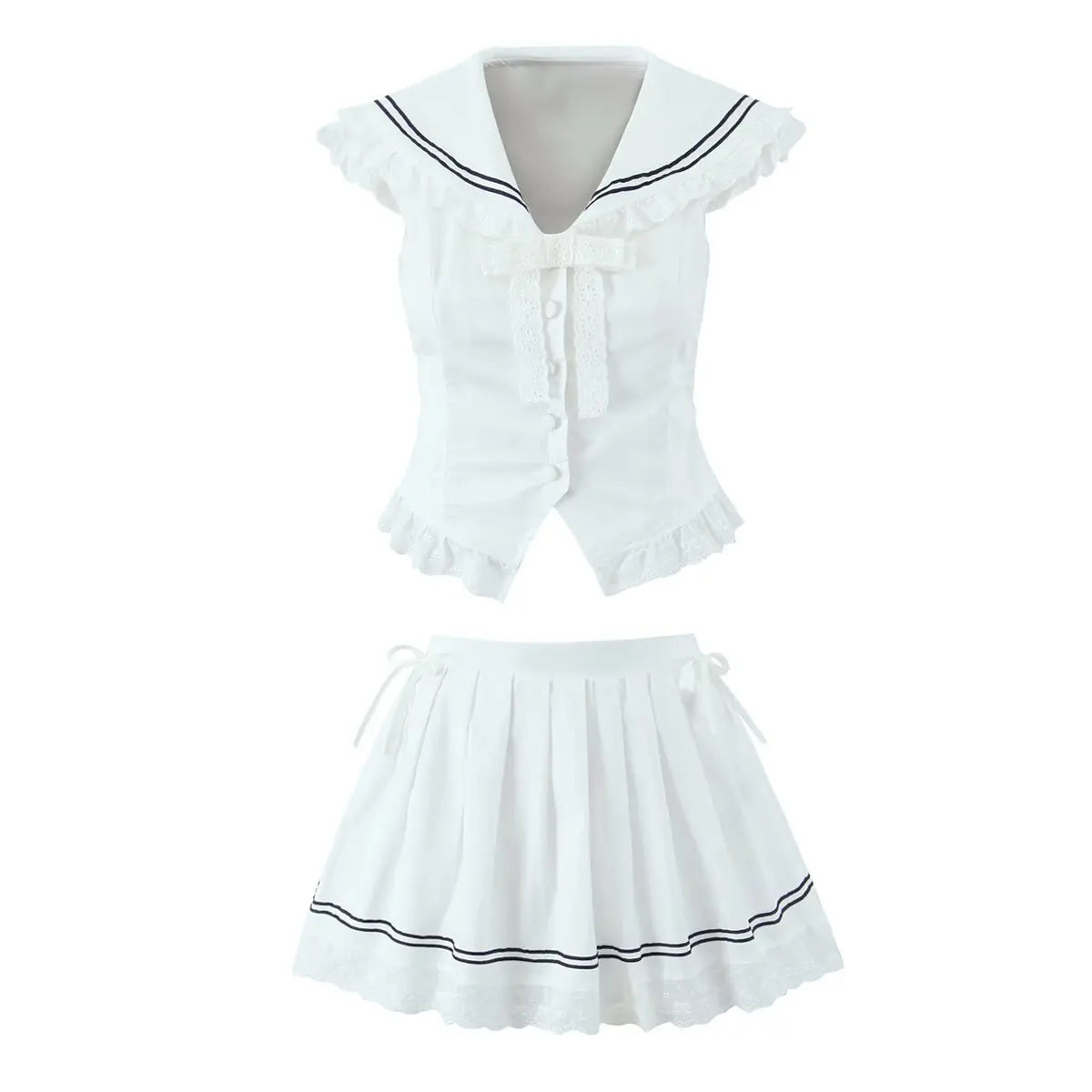 2025 New Peter Pan Collar Tank Top And Pleat Short Skirt 2 Piece Set Vest + Short Skirt White Sweet College Style Summer Outfits