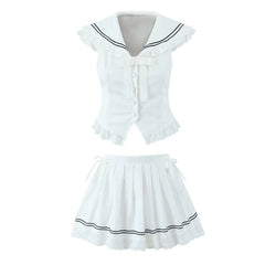 2025 New Peter Pan Collar Tank Top And Pleat Short Skirt 2 Piece Set Vest + Short Skirt White Sweet College Style Summer Outfits