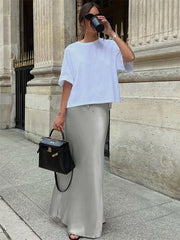 High Waist Lace-Up Long Skirt Women Casual Solid Patchwork Satin Elegant Maxi Skirt Fashion Patchwork Women's Long Skirt