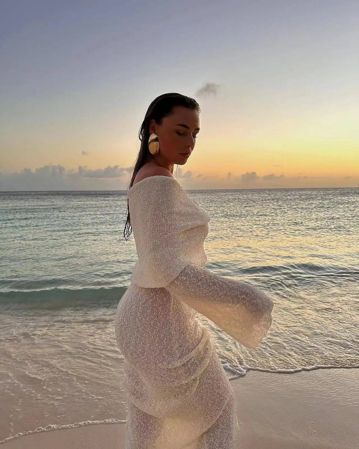 Women's Summer Slash Neck Sunscreen Maxi Dress Chic Long Sleeve Bodycon Knitted Vestidos Female Elegant Holiday Beachwear