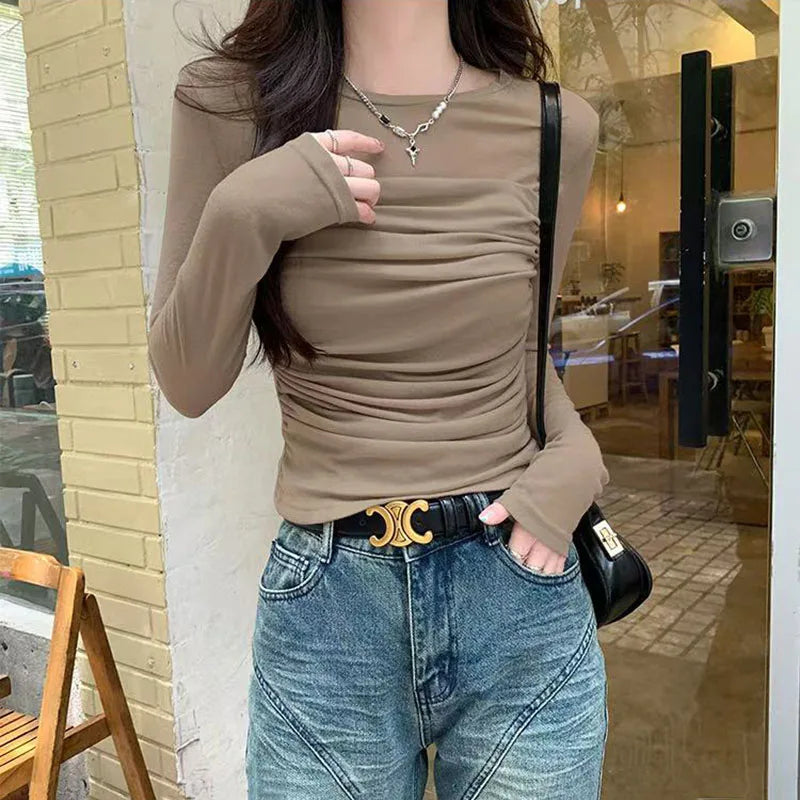 Y2K Long Sleeve Mesh Women T Shirt Spring Fashion Sexy O Neck Slim Female Tops Korean Chic Folds Cropped Bottoming Tees New