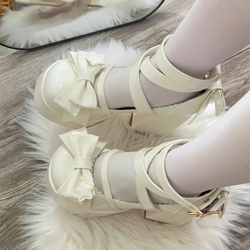 Spring Women Pumps Lolita Mary Jane Platform Chunky High Heel Ladies Sandals Female Sweet Bow-knot Round Toe Ankle Straps Shoes