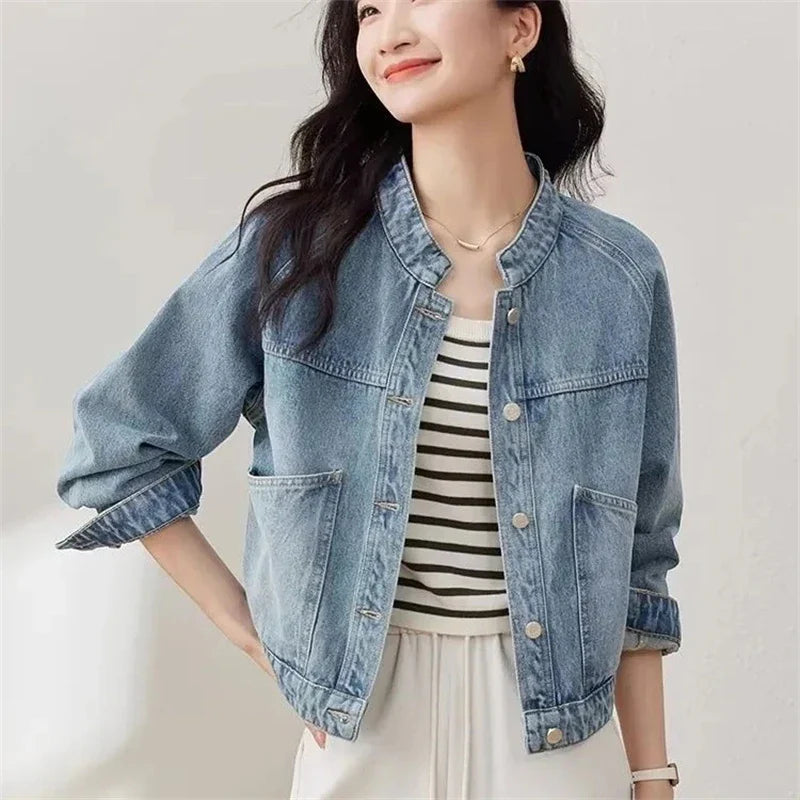 New 2025 Spring Autumn Temperament Retro Women's Short Cowboy Jacket Stand-up Collar Long-sleeved Ladies Denim Overcoat