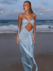 Hollow Strapless Long Dress Women's Ribbon Backless Sexy Ruched Dress Solid Sleeveless Summer Female Vacation Maxi Dress