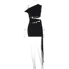 Hollow Out Oblique Shoulder Sexy Mini Dress For Women Robe Summer Black Sleeveless Backless Draped Skinny Club Dress