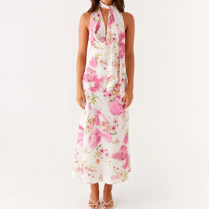 Floral Print V Neck Halter Maxi Dress with Scarf Sexy Women Bodycon Long Dresses Lady Formal Cocktail Party Backless Sundress