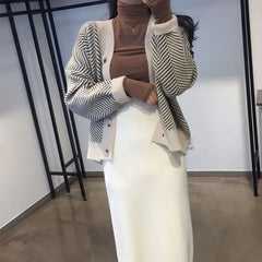 Women's Sweater Button Down V-Neck Striped Cardigan Knitted Tops Single Breasted Autumn Winter Casual Chic Knitwear Outfit