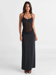 Halter Backless Sexy Maxi Dress Women Gown Mesh Patchwork Sleeveless High Waist Slim Elegant Long Dress Fashion