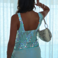 Fashion V Neck Glitter Skinny Pullovers Summer New Hollow Out Cocktail Party Short Tops Sexy Shiny Sequins Sleeveless Tops
