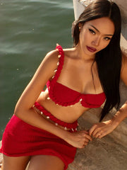 Sexy Crochet Applique Patchwork 2 Piece Set Women  Backless Crop Tops+Bandage Hollow Skirts Vacation Beach Party Suits