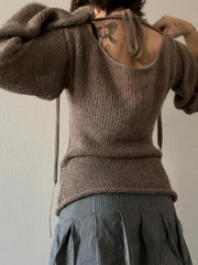 Y2K Tie Back Sweaters Women Long Sleeve Boat Neck Solid Color Knitted Pullover Casual Crochet Tops Fall New