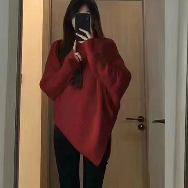 Turtleneck Pullover Poncho for Women Sweater Asymmetric Long Sleeve Knitted Tops Solid Autumn Winter Elegant Casual