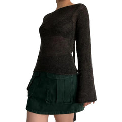 Fashion Women's T-shirt Tie Back Sweaters Long Sleeve Boat Neck Solid Color Knit Pullover Casual Tops Streetwear Y2k Summer Cami