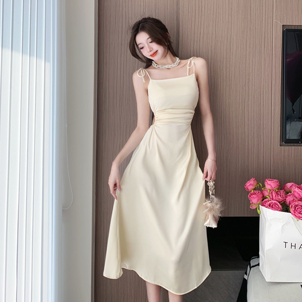 Elegant Women Satin Dress Chic Side Hollow Out Slim A-Line Formal Dresses Spaghetti Strap Square Collar Summer Vestidos