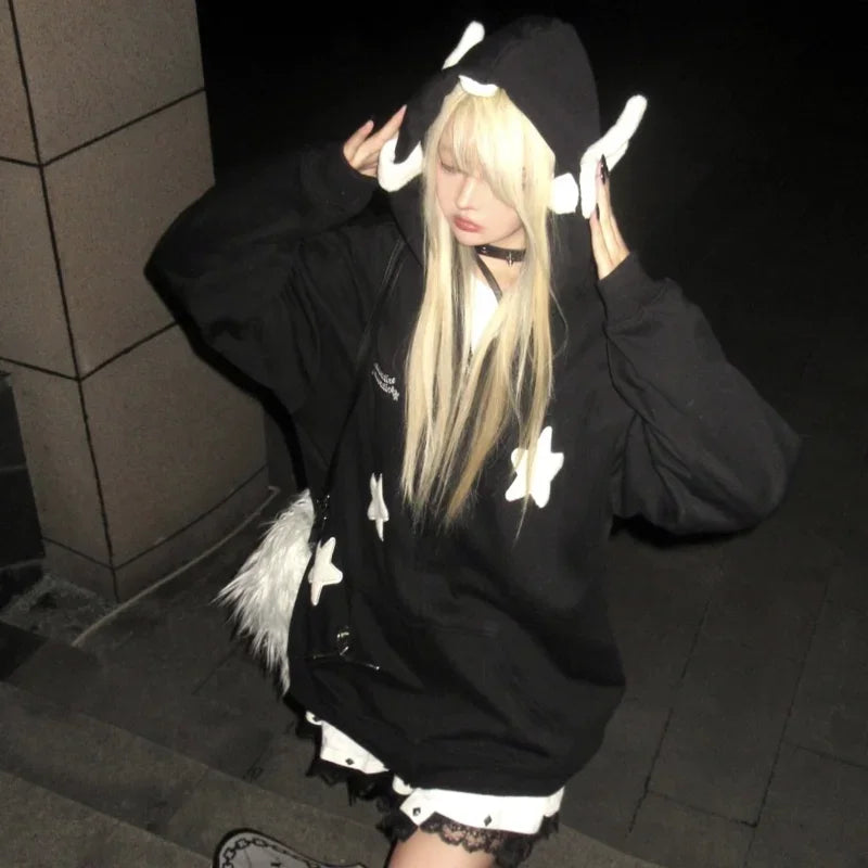 Kawaii Hoodies Women Japanese Y2k Star Girl Pink Harajuku Gothic Angel Zipper Sweatshirts Oversize Cutecore Lolita Tops