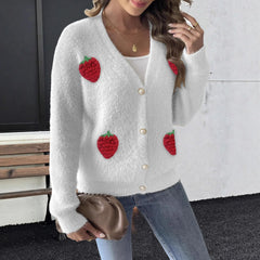 Pbong  Ladies Faux Fur Jacket Pearl Button Embroidered Strawberry Splicing Open Cardigan Polyester Street Style Winter Sweater