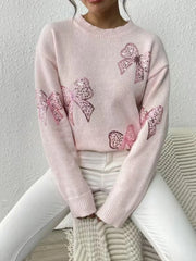 Autumn and Winter Women's Bead Embroidered Bow Sparkling Long Sleeve Hooded Knitted Sweater