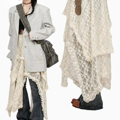 Lace Vintage Long Skirts Irregular Holiday Y2k Skirt for Women Boho See Through High Waist Elegant Tulle Midi Skirts
