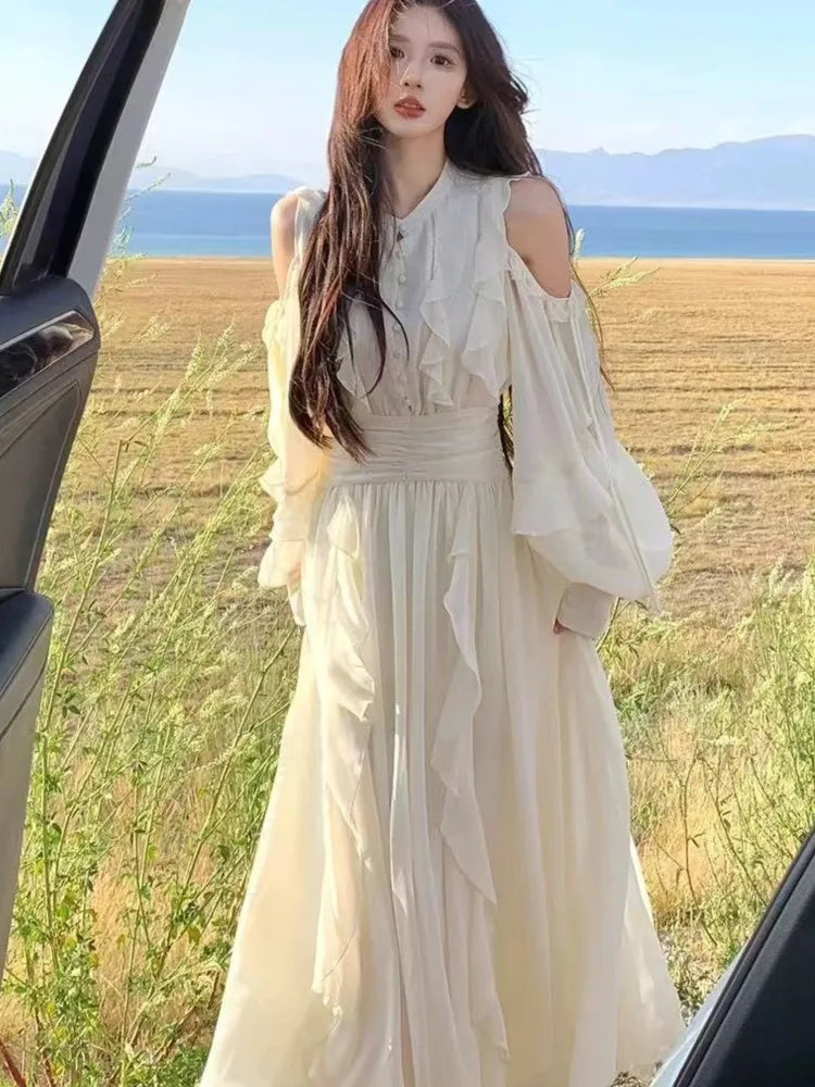 Women Elegant Solid Color Ruffle Fairy Dress Korean Fashion Slim-Waist A-Line Midi Dress French Princess Party Wedding Ball Gown