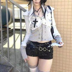 Y2k Subculture Striped Patchwork Long Sleeve Slim Hooded Sweatshirt 2000s Gothic Vintage Casual Korean Fashion Autumn Cardigan