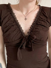 Casual Lace Trim Bandage T Shirt Slim Basic Deep V-Neck Short Sleeve Tees Women 2024 Summer Fashion Streetwear Ladies