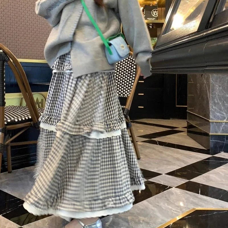 Kawaii Harajuku Plaid Skirt Women Preppy Style Sweet Long Skirts Retro Lace Patchwork A-line Ruffle Skirts Streetwear