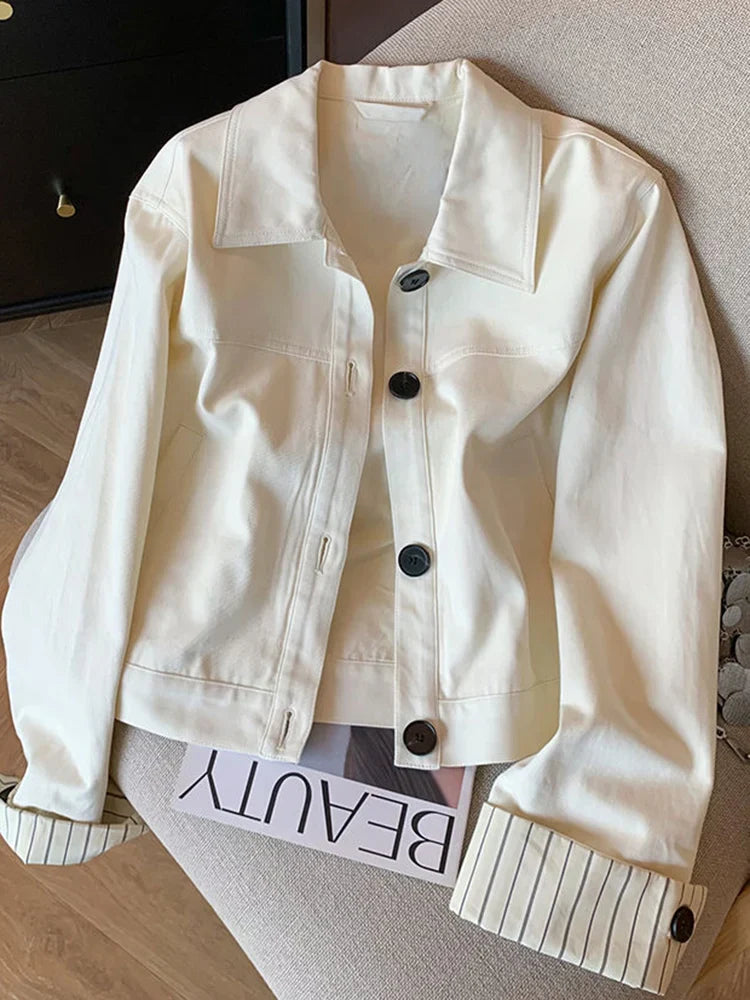 Fashion Sweet Slim Denim Jacket Women Korean Long Sleeve Striped Patchwork Short Coat Fall Winter Female Chic Outwear Tops