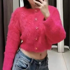 Flower Button Fuzzy Knit Sweater Cardigan Warm Fluffy Button-up Crop Sweater Jacket Knitwear Teen-girl Fall Winter Cute Outfit