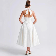 Elegant Sexy Evening Party Dresses Women Korean Style Halter V-neck Dress Sweet Backless Yellow Summer Solid Midi Dress