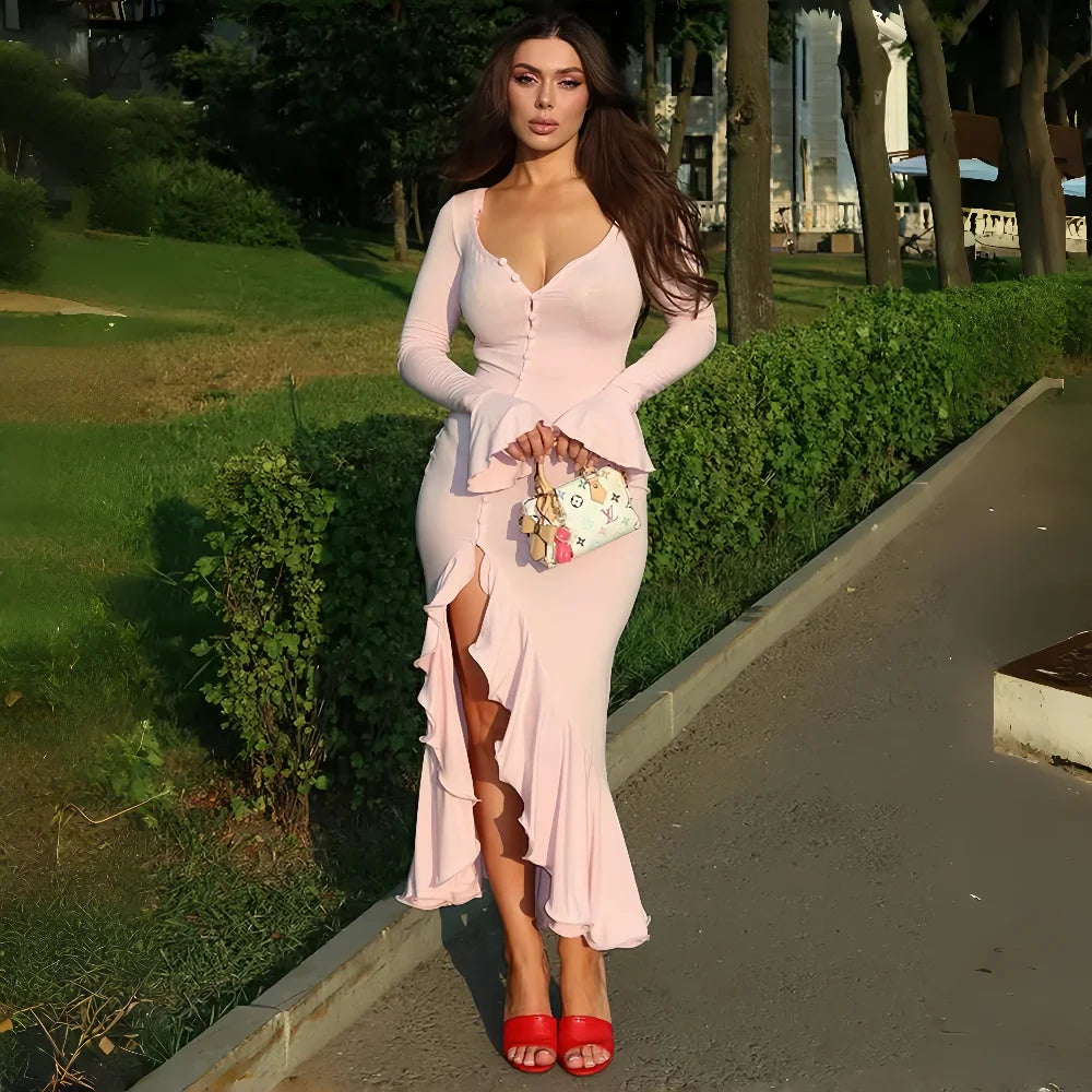 Women's A-Line Bodycon Maxi Dress Ruffles Hem V-Neck Asymmetrical Buttons Long Sleeve Long Dress Party Streetwear Vestido